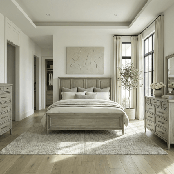 Rochelle Park - 4 Piece Bedroom Set (Queen Panel Bed, Dresser & Mirror, Chest) - Smokey Taupe