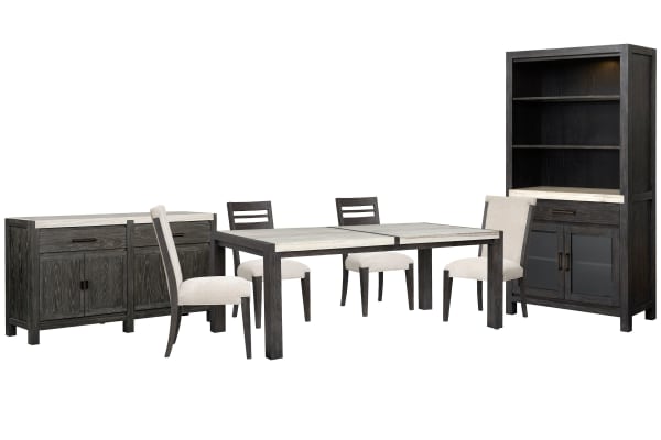 Plum Creek - Rectangular Dining Table With 2 Side Chairs, 2 Upholstered Side Chairs, Sideboard And Display Cabinet - Ravenwood Black / White