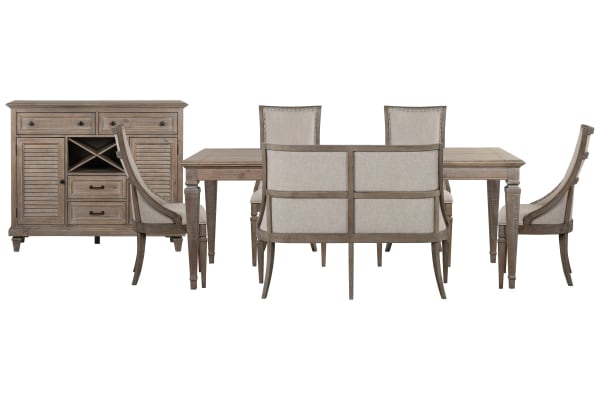 Lancaster - Extendable Rectangular Dining Table With 4 Arm Chairs, Upholstered Bench And Server - Dovetail Gray