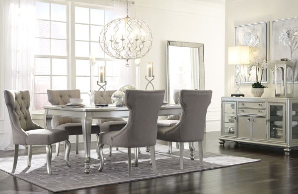 Coralayne - Silver Finish/Silver/White - 8 Pc. - Rectangular Dining Room Extension Table, 6 Upholstered Side Chairs, Server
