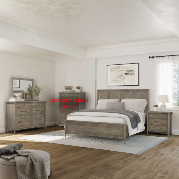 Rochelle Park - 4 Piece Bedroom Set (King Panel Bed, Dresser & Mirror, Night Stand) - Smokey Taupe