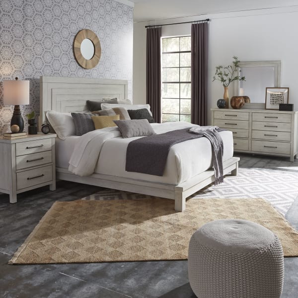 Modern Farmhouse - 4 Piece Bedroom Set (King Platform Bed, Dresser & Mirror, Nightstand) - White