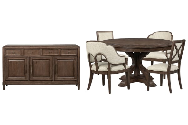 Jubilee - 54" Round Dining Table With 2 Side Chairs, 2 Arm Chairs And Sideboard - Brown / White