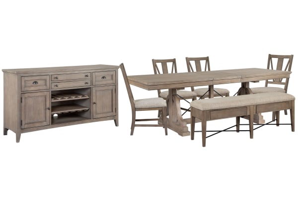 Paxton Place - Extendable Trestle Dining Table With 4 Side Chairs, Upholstered Bench And Buffet - Dovetail Gray