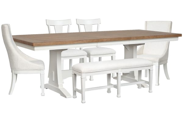 Kingston - Extendable Trestle Dining Table With 2 Side Chairs, 2 Host Chairs And Bench - Whisper White And Cerused Nutmeg