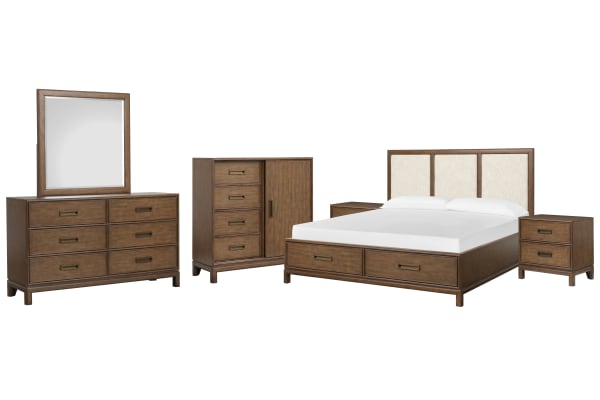 Ridgefield - King Upholstered Panel Storage Bed, 2 Nightstands, Double Drawer Dresser With Landscape Mirror And Door Chest - Russet / Beige