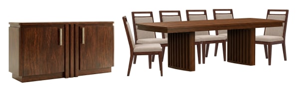 Reena - Extendable Trestle Dining Table With 6 Side Chairs And Sideboard - Rich Brown / Beige