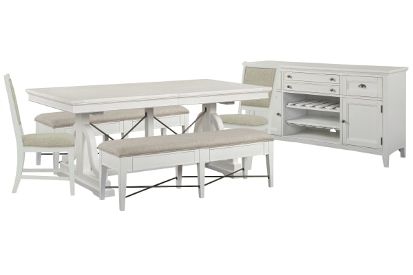 Heron Cove - Extendable Trestle Dining Table With 2 Upholstered Benches, 2 Upholstered Side Chairs And Buffet - Chalk White And Dovetail Gray