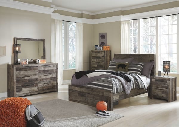 Derekson - Multi Gray - 7 Pc. - Dresser, Mirror, Chest, Full Panel Bed With 2 Storage Drawers