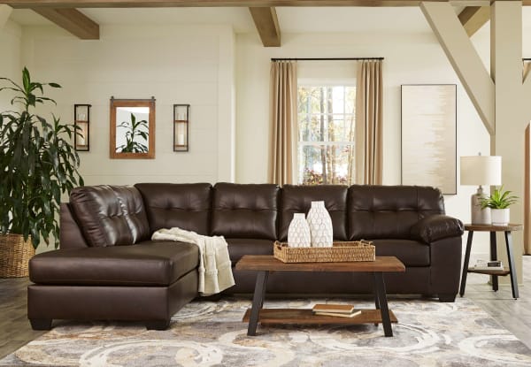 Donlen - Chocolate - 5 Pc. - Left Arm Facing Corner Chaise, Right Arm Facing Sofa Sectional, Chanzen Cocktail Table, 2 End Tables
