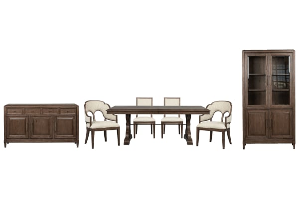 Jubilee - Extendable Trestle Dining Table With 2 Side Chairs, 2 Arm Chairs, Sideboard And Display Cabinet - Brown / White