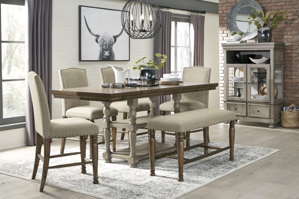Lettner - Gray/Brown - 6 Pc. - Rectangular Dining Room Counter Extension Table, 4 Upholstered Barstools, Upholstered Dining Room Bench