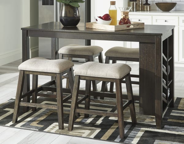 Rokane - Brown - 5 Pc. - Rectangular Counter Table with Storage, 4 Upholstered Stools