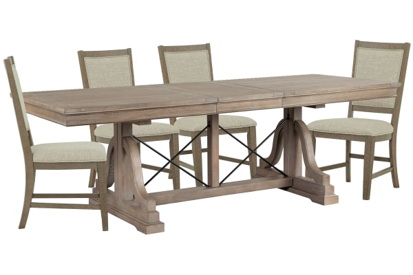 Paxton Place - Extendable Trestle Dining Table With 4 Step Upholstered Side Chairs - Dovetail Gray