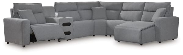 Modmax II - 6-Piece Power Reclining Sectional With RAF Press Back Power Chaise And Audio Console - Salt And Pepper