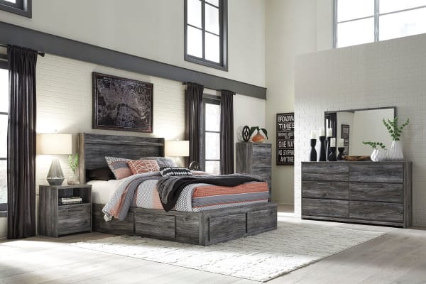 Baystorm - Gray - 10 Pc. - Dresser, Mirror, Chest, Queen Panel Bed with 6 Storage Drawers, 2 Nightstands