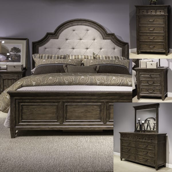 Paradise Valley - 5 Piece Bedroom Set (King Upholstered Bed, Dresser & Mirror, Chest, Nightstand) - Dark Brown