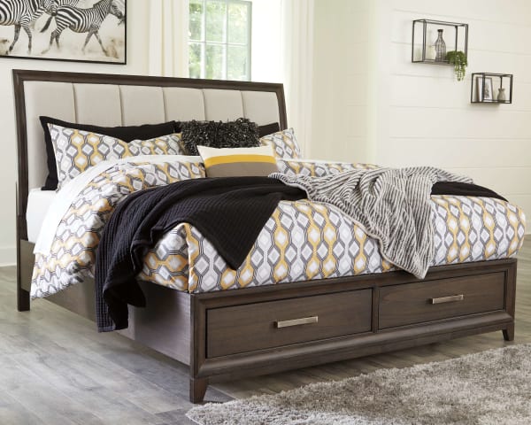 Brueban - Rich Brown/Gray - California King Panel Bed with 2 Storage Drawers