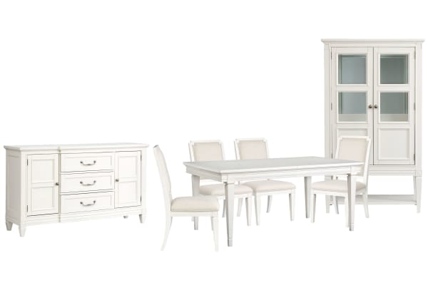 Willowbrook - Extendable Rectangular Dining Table With 4 Upholstered Side Chairs, Buffet And Display Cabinet - Egg Shell White