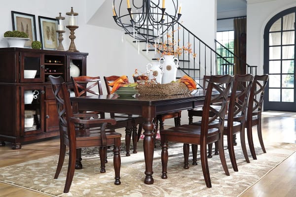 Porter - Rustic Brown - 10 Pc. - Rectangular Dining Room Extension Table, 6 Side Chairs, 2 Arm Chairs, Server with Storage