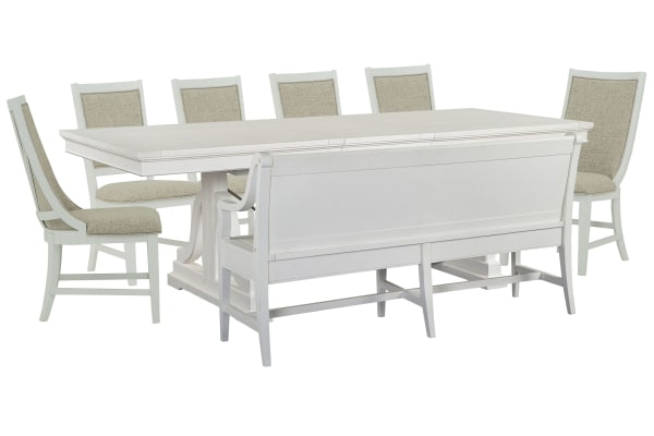 Heron Cove - Extendable Trestle Dining Table With 4 Upholstered Side Chairs, 2 Host Chairs And Bench - Chalk White And Dovetail Gray