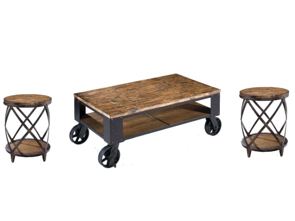 Pinebrook - Rectangular Starter Cocktail Table With 2 Round Accent Tables - Distressed Natural Pine