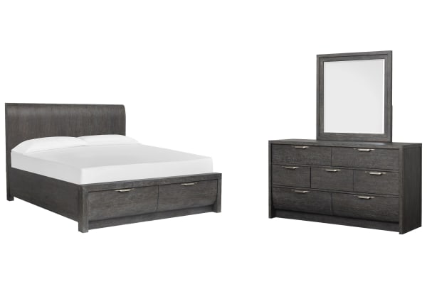 Kinsley - King Panel Storage Bed And Drawer Dresser With Portrait Mirror - Black Heron