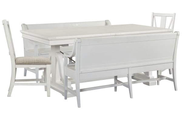 Heron Cove - Extendable Trestle Dining Table With 2 Benches And 2 Side Chairs - Chalk White And Dovetail Gray