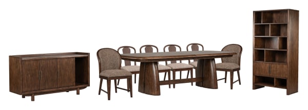 Belville - Extendable Trestle Dining Table With 4 Side Chairs, 2 Upholstered Side Chairs, Sideboard And Display Cabinet - Chestnut Brown