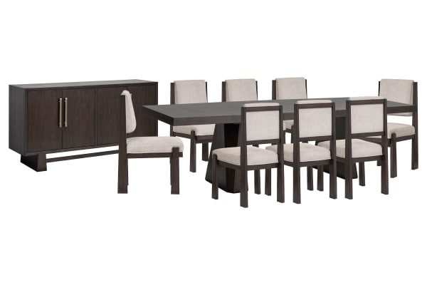 Tauren - Extendable Double Pedestal Dining Table With 8 Upholstered Side Chairs And Buffet - Coffee Bean / Beige