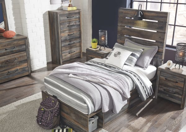 Drystan - Brown / Beige - 8 Pc. - Dresser, Mirror, Twin Panel Bed with 2 Side Drawers, 2 Nightstands