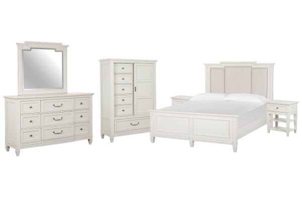 Willowbrook - King Panel Upholstered Bed, 2 Open Nightstands, Drawer Dresser With Landscape Mirror And Door Chest - Egg Shell White