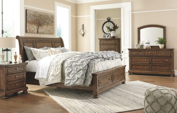 Flynnter - Medium Brown - 7 Pc. - Dresser, Mirror, Chest, Queen Sleigh Bed With 2 Storage Drawers, Nightstand