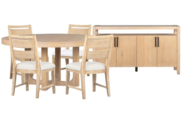 Somerset - Round Dining Table With 4 Side Chairs And Sideboard - Butternut / White
