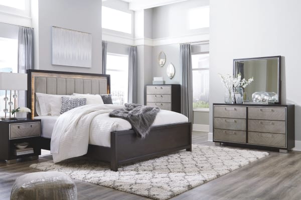 Maretto - Brown / Beige - 6 Pc. - Dresser, Mirror, Chest, California King Upholstered Panel Bed