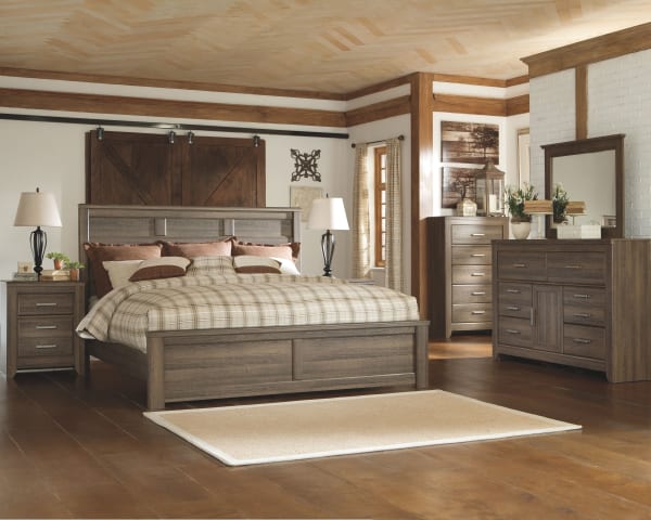 Juararo - Dark Brown - 8 Pc. - Dresser, Mirror, Chest, California King Panel Bed, 2 Nightstands