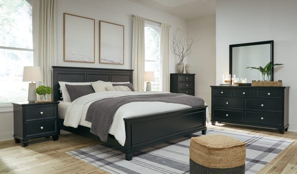 Lanolee - Black - 8 Pc. - Dresser, Mirror, Chest, California King Panel Bed, 2 Nightstands