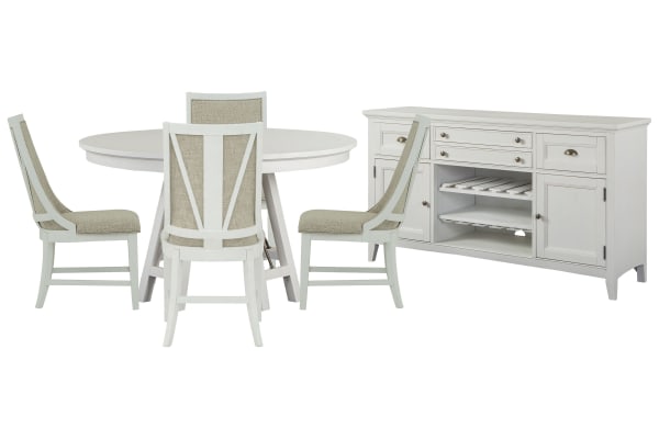 Heron Cove - 52" Round Dining Table With 4 Host Chairs And Buffet - Chalk White And Dovetail Gray