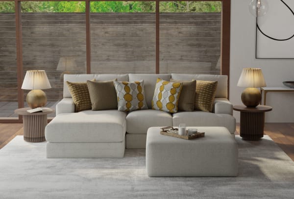 Tori - 2 Piece Sofa Chaise With Comfort Coil Seating, 41" Cocktail Ottoman And 5 Accent Pillows Included (Left Side Facing Chaise) - Birch