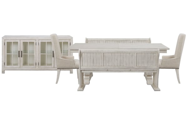 Bronwyn - Extendable Rectangular Dining Table With 2 Benches, 2 Host Chairs And Buffet - Alabaster