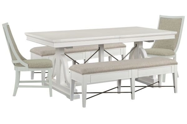 Heron Cove - Extendable Trestle Dining Table With 2 Upholstered Benches And 2 Host Chairs - Chalk White And Dovetail Gray