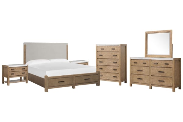 Plum Creek - Queen Upholstered Panel Storage Bed, 2 Open Nightstands, Drawer Dresser With Landscape Mirror And Drawer Chest - Sierra Brown / White