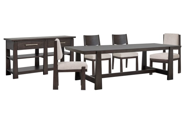 Tauren - Trestle Dining Table With 2 Side Chairs, 2 Upholstered Side Chairs And Sideboard - Coffee Bean / Beige