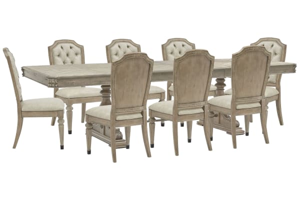 Marisol - Extendable Trestle Dining Table With 8 Upholstered Side Chairs - Fawn