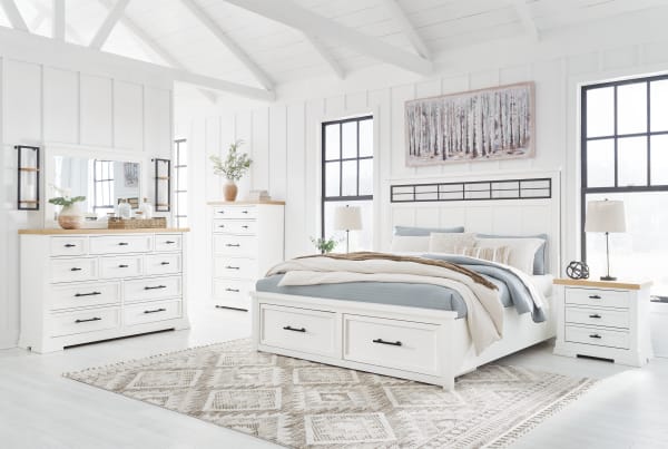 Ashbryn - White / Natural - 7 Pc. - Dresser, Mirror, King Panel Storage Bed, 2 Nightstands