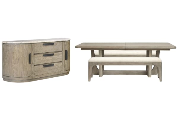 Braelyn - Extendable Trestle Dining Table With 2 Benches And Buffet - Dorian Gray / Beige