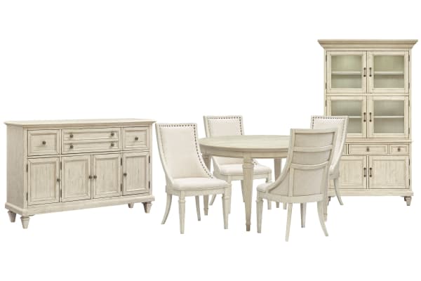 Newport - Extendable Round Dining Table With 4 Arm Chairs, Buffet And Dining Cabinet - Alabaster