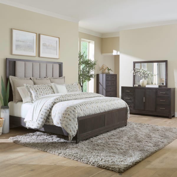 Modern Edge - 4 Piece Bedroom Set (California King Upholstered Bed, Dresser & Mirror, Chest) - Caffe