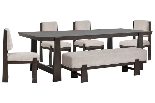 Tauren - Trestle Dining Table With 4 Upholstered Side Chairs And Bench - Coffee Bean / Beige