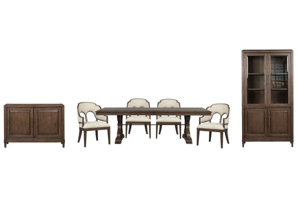 Jubilee - Extendable Trestle Dining Table With 4 Arm Chairs, Bar Cabinet And Display Cabinet - Brown / White